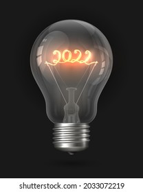 2022 New Year light bulb. Realistic light bulb with a filament in the form of the number 2022. Incandescent light bulb, glass lamp object. Christmas and New Year decoration. 3d vector illustration