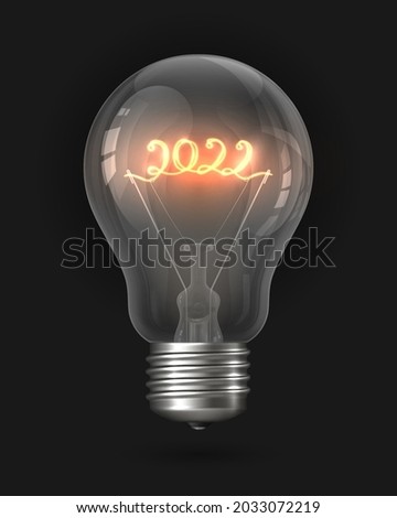 2022 New Year light bulb. Realistic light bulb with a filament in the form of the number 2022. Incandescent light bulb, glass lamp object. Christmas and New Year decoration. 3d vector illustration