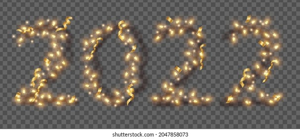 2022 New Year light vector numbers, holiday bright garland, Christmas festive decor illustration. Party illuminated design on transparent background, golden confetti, bulb lamp. 2022 garland clipart