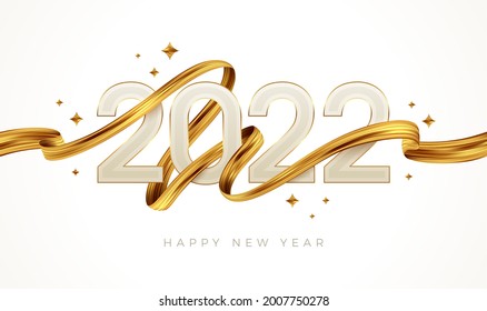 2022 New Year  logo with golden paint brushstroke. New Year sign with golden ribbon. Vector illustration.