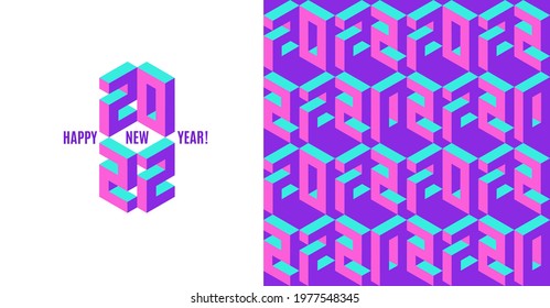 2022 New year logo. Holiday seamless pattern with isometric numbers 2022 in pink and violet colors. Happy new year set. Template  packaging, printing on fabric, greeting card, brochure, poster, books