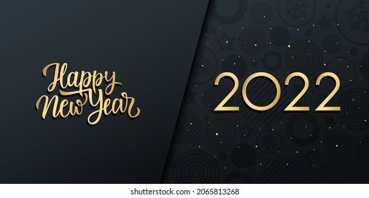 2022 New Year luxury holiday banner with gold handwritten inscription Happy New Year. Vector illustration.