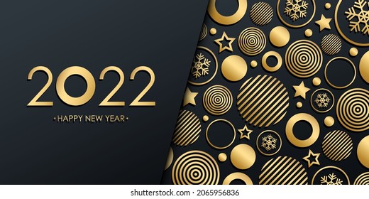 2022 New Year luxury holiday banner with gold christmas balls, stars and snowflakes. Vector illustration.