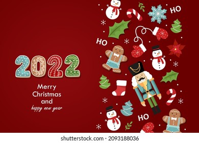 2022 new year. Merry Christmas banner. Cartoon template for greeting card, calendar cover, poster, invitation. Vector illustration. Children's Christmas tree decorations. Nutcracker