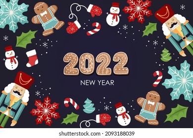 2022 new year. Merry Christmas banner. Colorful cartoon template for greeting card, calendar cover, poster, invitation. Vector illustration. Children's Christmas tree decorations. Nutcracker, snowman.