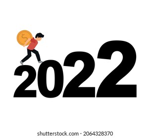 2022 new year money concept. Businessman climbing stairs from piles of money towards his monetary goal. new year goals, Personal investment and retirement savings concept. Modern vector.