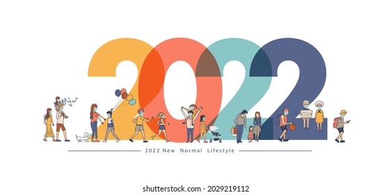 2022 New year with New normal lifestyle ideas concept. People wearing mask in flat big letters design. Vector illustration modern layout template