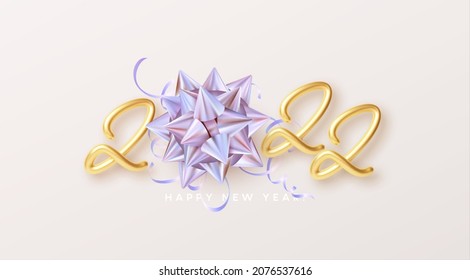 2022 new year party poster. New year number with golden gift bow. Vector illustration EPS10