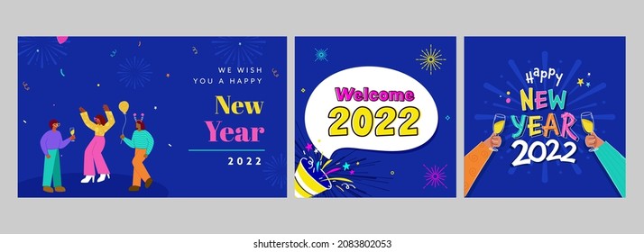 2022 New Year Party Square Posters And Banner Design In Blue Color.