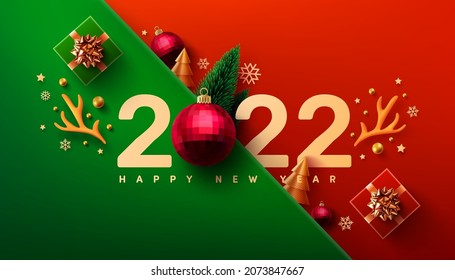 2022 New Year Promotion Poster or banner with gift box and christmas element for Retail,Shopping or Christmas Promotion.New year 2021 Symbol with red ball ornaments.vector illustration eps 10