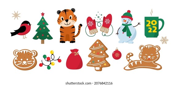 2022 New Year Set. Gingerbread Tigers, Year of the Tiger. Vector illustration Flat style.