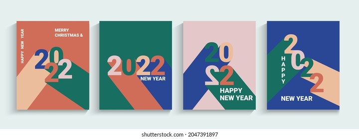 2022 Neues Jahr, setzen Grußbanner,Flyers.Zahlen mit langen verschiedenen Farben Schatten.Sammlungspakate,Karten in einfachen geometrischen Stil.Design-Vorlagen für Cover,Social Media,Broschüre,Header. Vektorgrafik.