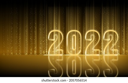 2022 New Year shiny gold color shiny numbers banner. Realistic text flash light, golden particles, glitter, sparkles dust, black background. Vector illustration greeting card