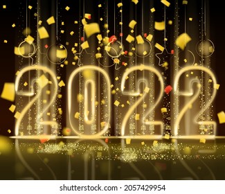 2022 New Year shiny gold color shiny numbers banner. Realistic text flash light, golden particles, glitter, sparkles dust, black background. Vector illustration greeting card