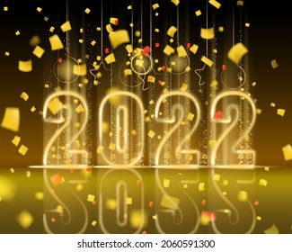 2022 New Year shiny gold color shiny numbers banner. Realistic text flash light, golden particles, glitter, sparkles dust, black background. Vector illustration greeting card