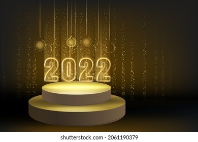 2022 New Year shiny gold color shiny numbers banner, stage podium. Realistic text flash light, golden particles, glitter, sparkles dust, black background. Vector illustration