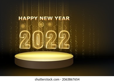 2022 New Year shiny gold color shiny numbers banner, stage podium. Realistic text flash light, golden particles, glitter, sparkles dust, black background. Vector illustration