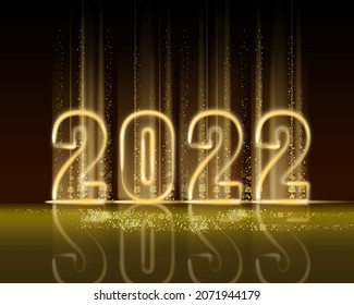 Banner brillante en color oro de Año Nuevo 2022. Luz de flash de texto realista, partículas doradas, brillo, polvo de chispas, fondo negro. Tarjeta de saludo de ilustración de vector