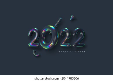 2022 New Year sign. 3d metallic iridescent numbers with primitives on dark background. Thin film effect. Vector illustration.