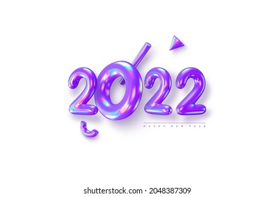 Signo de Año Nuevo 2022. 3 d números iridiscentes metálicos con primitivos sobre fondo blanco. Efecto de película delgado. Ilustración vectorial.