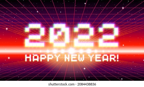 2022 New Year sign with glitched glowing pixels and red retro grid. Winter holiday and year change symbol.