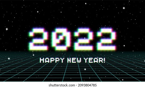 2022 New Year sign with glitched glowing pixels and grid. Winter holiday and year change symbol.