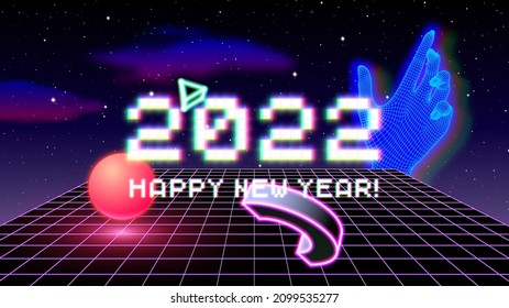 2022 New Year sign with glitched glowing pixels and abstract 90s styled composition of 3D shapes. Winter holiday and year change symbol.