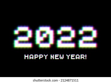 2022 New Year sign with glitched glowing pixels. Winter holiday and year change symbol.