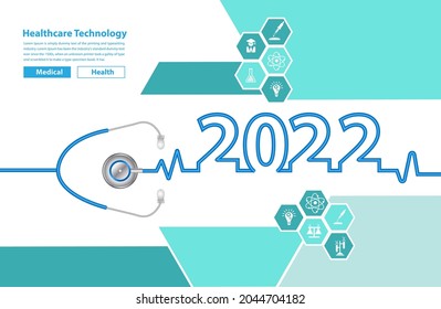2022 new year with stethoscope creative design, And medical flat icons in medicine technology concept, Vector illustration modern layout template