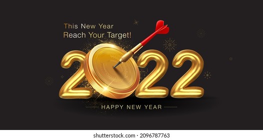 2022 concepto de objetivo de año nuevo con flecha de dardos de riqueza de monedas doradas y audiencia. Publicidad marketing creativo y exitoso diseño de los objetivos de negocio