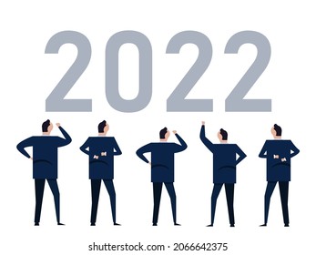 2022 new year team of businessman looking together for future wearing suit talking teamwork discuss goal company corporate