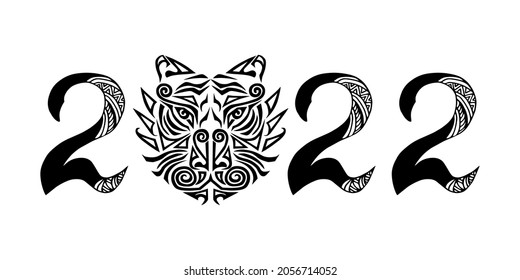 2022 New Year with Tiger head. Vector illustration isolated on white background.