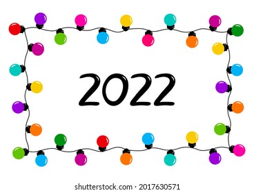 2022 Marco de vectores de Año Nuevo, banner de vacaciones. Colorida decoración de dibujos animados. Ilustración de tarjeta de felicitación