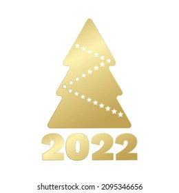 Signo de bienvenida vectorial de Año Nuevo 2022. Icono de oro del árbol de Navidad. Ilustración para celebración, felicitación, decoración, vacaciones de invierno, temporada