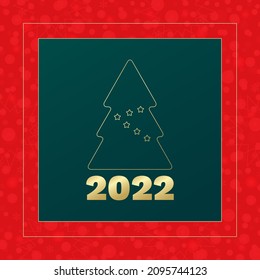 Tarjeta de saludo vectorial de Año Nuevo 2022. Icono de oro del árbol de Navidad con estrellas y fondo de copo de nieve. Banner verde y rojo para celebración, felicitación, decoración