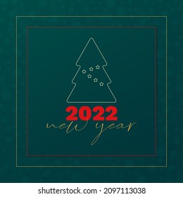 2022 New Year vector greeting card. Christmas tree icon with stars and snowflake background. Green and red banner for celebration, congratulation, decoration