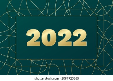 Tarjeta de saludo vectorial de Año Nuevo 2022. Ilustración con el patrón de líneas dibujadas a mano. Banner dorado, verde y rojo para celebración, felicitación, decoración, marco, fondo