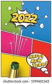Plantilla vertical de tarjeta postal o tarjeta de felicitación de Año Nuevo 2022. Diseño retro festivo vectorial en estilo de libro de historietas con botella de champán y corcho volador