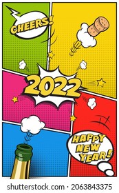 Plantilla vertical de tarjeta postal o tarjeta de felicitación de Año Nuevo 2022. Diseño retro festivo vectorial en estilo de libro de historietas con botella de champán y corcho volador