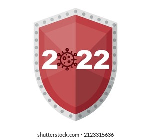 2022 new year virus and bacteria protection shield. Virus epidemic concept. Vector modern flat illustration. Coronavirus symbols and shield isolated on white background. Design element for medicine ba