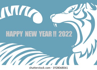 2022 New Year's card with a big mouth open and a barking white tiger. White and blue. Vector illustration.