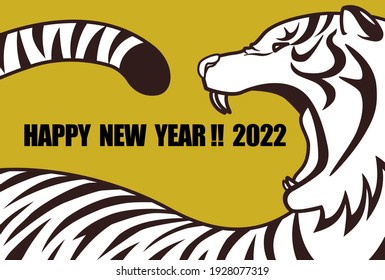 2022 New Year's card with a big mouth open and a barking white tiger. Yellow background. Vector illustration.