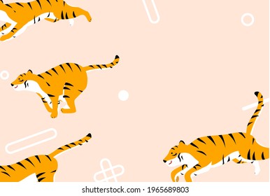 2022 New Year's card, tiger year, four tigers running through and a pattern of symbols