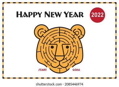 2022 New Year's card of the tiger year is a fashionable and simple maze illustration of a tiger's face.Easy-to-use vector material.
