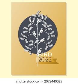 2022. Notebook-Titeldesign mit Baum und Vögeln auf grauem Hintergrund. Kalenderseite. Idea für Business-Konzept, ökologische, Vogel-Ornithologie-Gesellschaft. Vektorgrafik. 