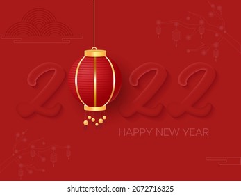 2022 Number With Chinese Lantern Hang On Red Background For Happy New Year Celebration.