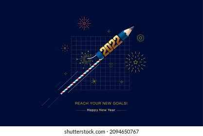 2022 number creative. Welcome and celebrating new year and financial success. Pencil rocket reached in the sky and fire crakers rise up