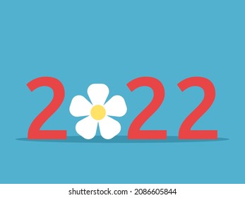 2022 number with daisy or camomile flower. New Year, nature, ecology, environment, romance, spring and summer season concept. Flat design. Vector illustration. EPS 8, no gradients, no transparency