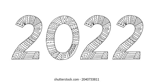 2022. Number. Date. Numbers with a colorful pattern. New year 2022. Year of the tiger. Vector. Doodle. Hand-drawn illustration. Silhouette. Black and white outline. Coloring.