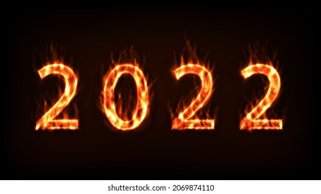 2022 number made from bright fire flames.2022 Fire flames on black background.illustration of the number 2022 wrapped in flames.Vector illustration.Happy New Year 2022 Design Illustration.